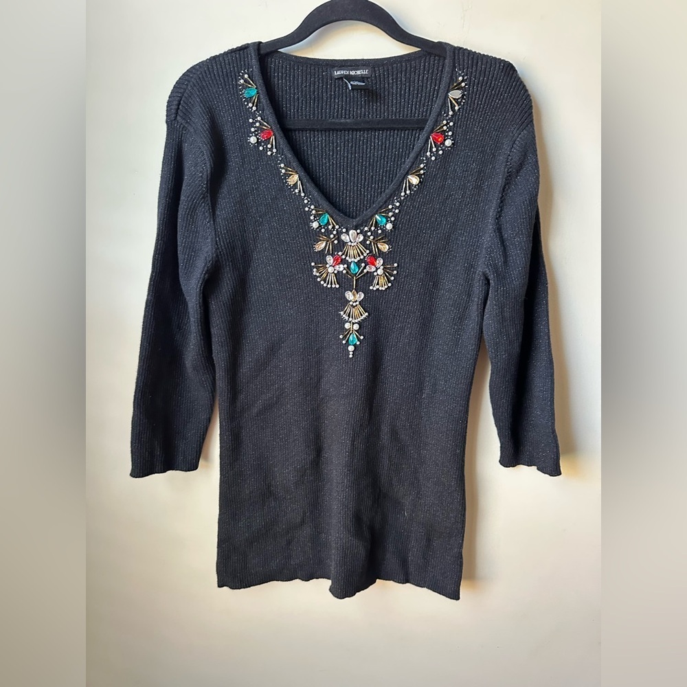 Lauren Michelle XL Black W/Rhinestone &Silver Thread Accent Sweater